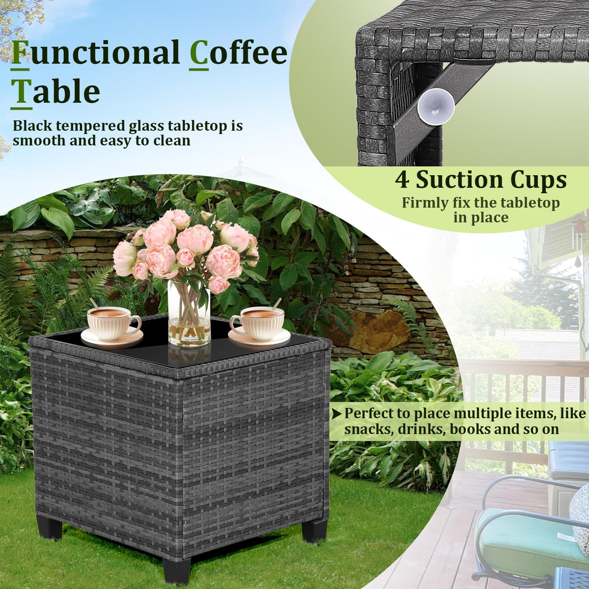 3 Piece Wicker Patio Furniture Set with Glass Topped Table O4698