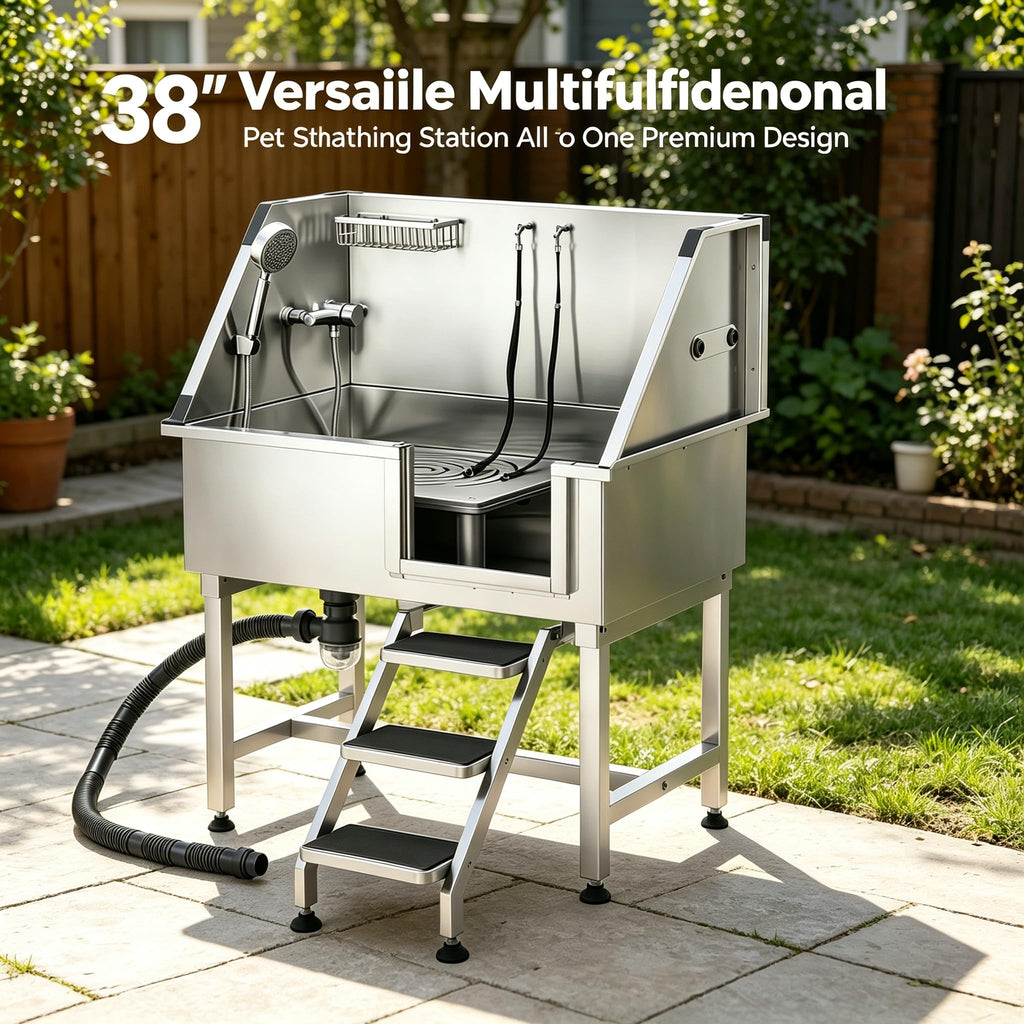38” Stainless Steel Dog Washing Station with Faucet and Non-Slip Steps T57031