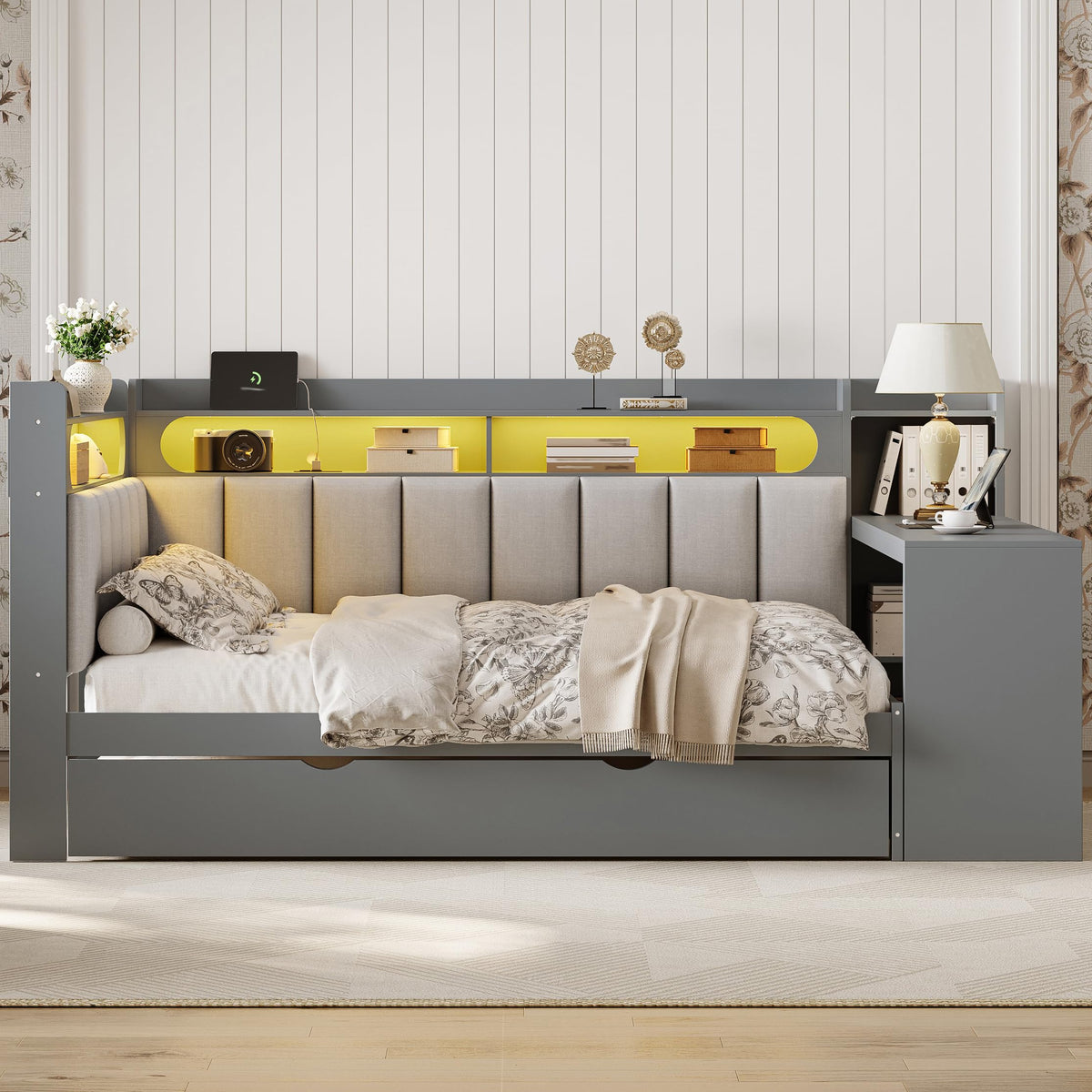 Grey Full Size L-Shaped Corner Bed with Trundle and Desk H2619