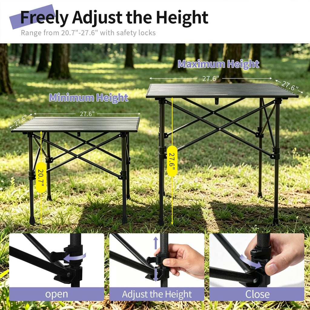 Square Folding Adjustable Height Camping Table, Black O21169