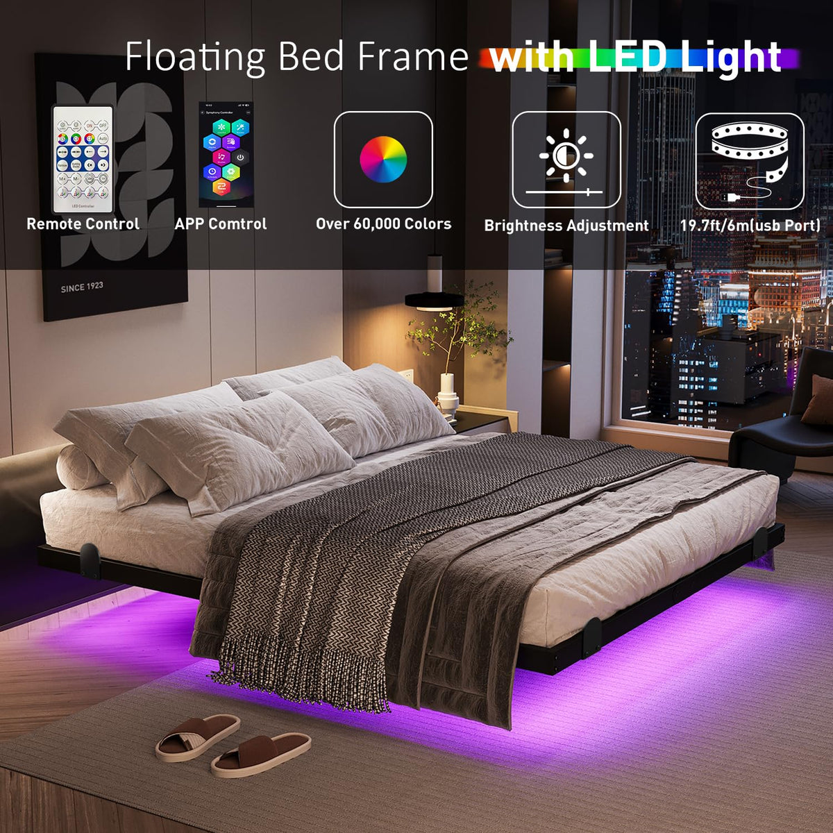 Queen Floating Bed Frame with LED Lights and Charging Station B829