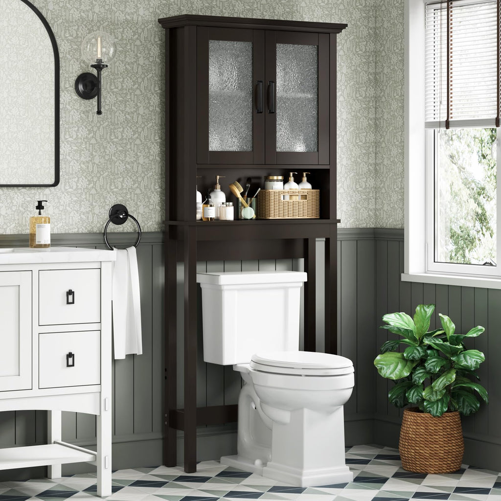 Over Toilet Storage Cabinet with Glass Doors and Adjustable Shelf J668
