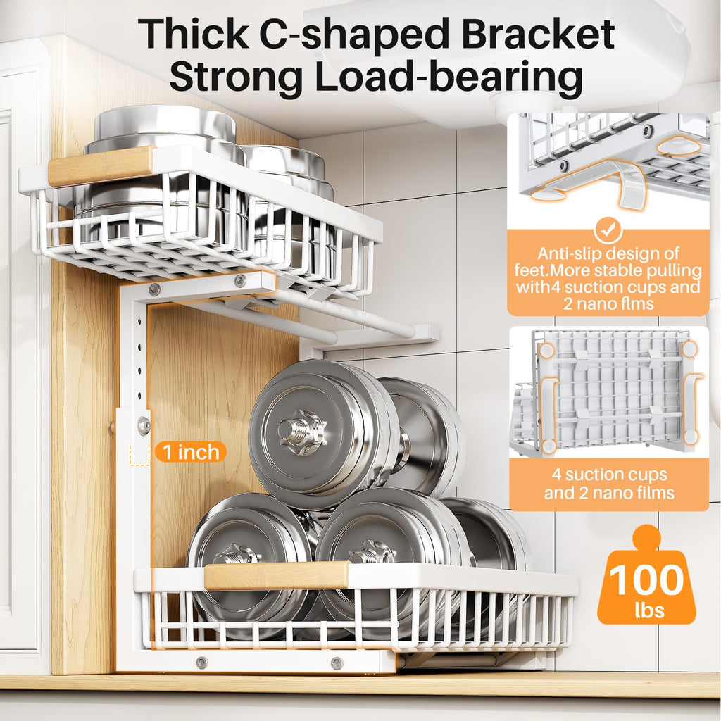 Adjustable 2 Tier Pull Out Under Sink Organizer, White, 2 Pack R355