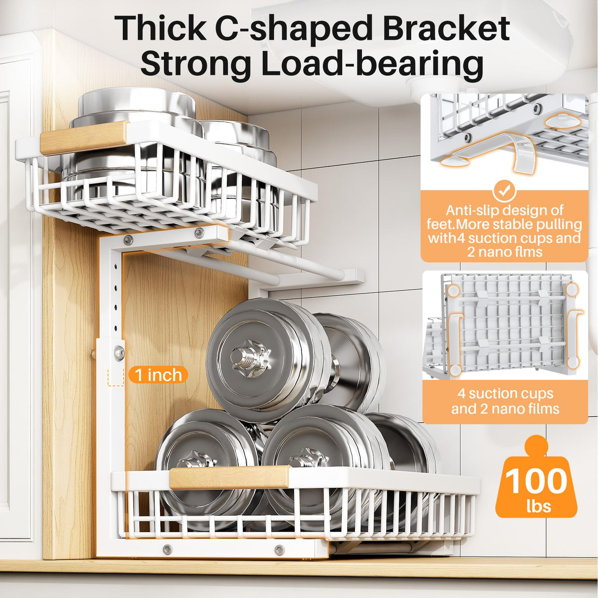 Adjustable 2 Tier Pull Out Under Sink Organizer, White, 2 Pack R355