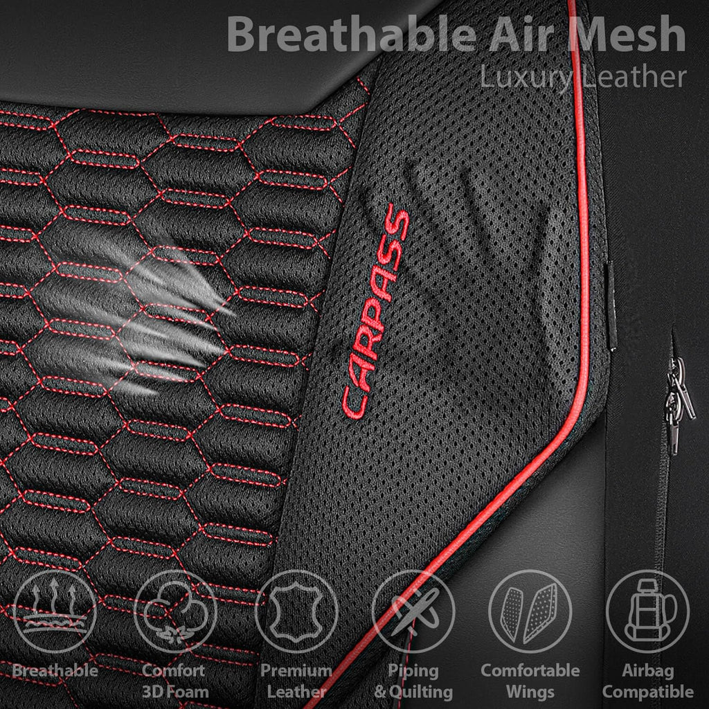 3D Foam Mesh Faux Leather Car Seat Covers Full Set, Black and Red E3690