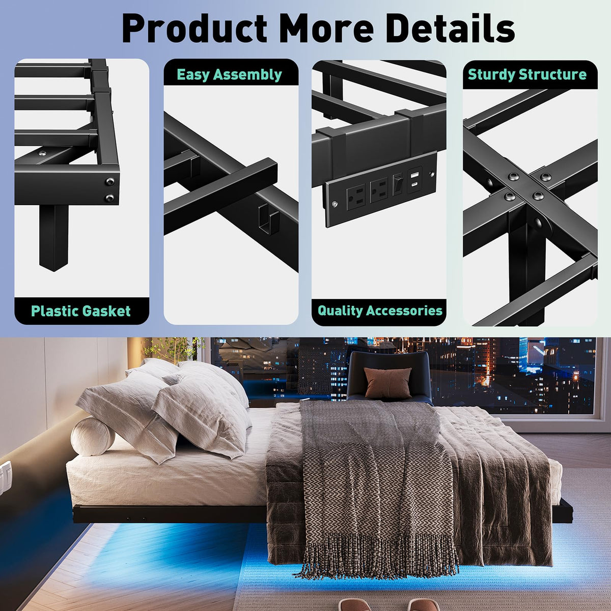Queen Floating Bed Frame with LED Lights and Charging Station B829