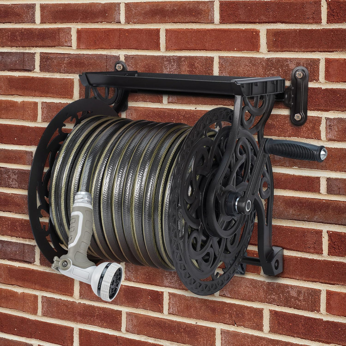Metal Wall Mount Garden Hose Reel, Holds 125 ft x 5/8'' Hose, Dark Bronze H635