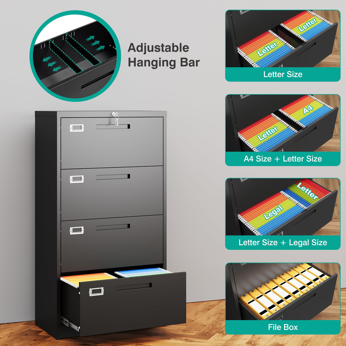 Black 4 Drawer Metal Lateral File Cabinet with Lock B2661