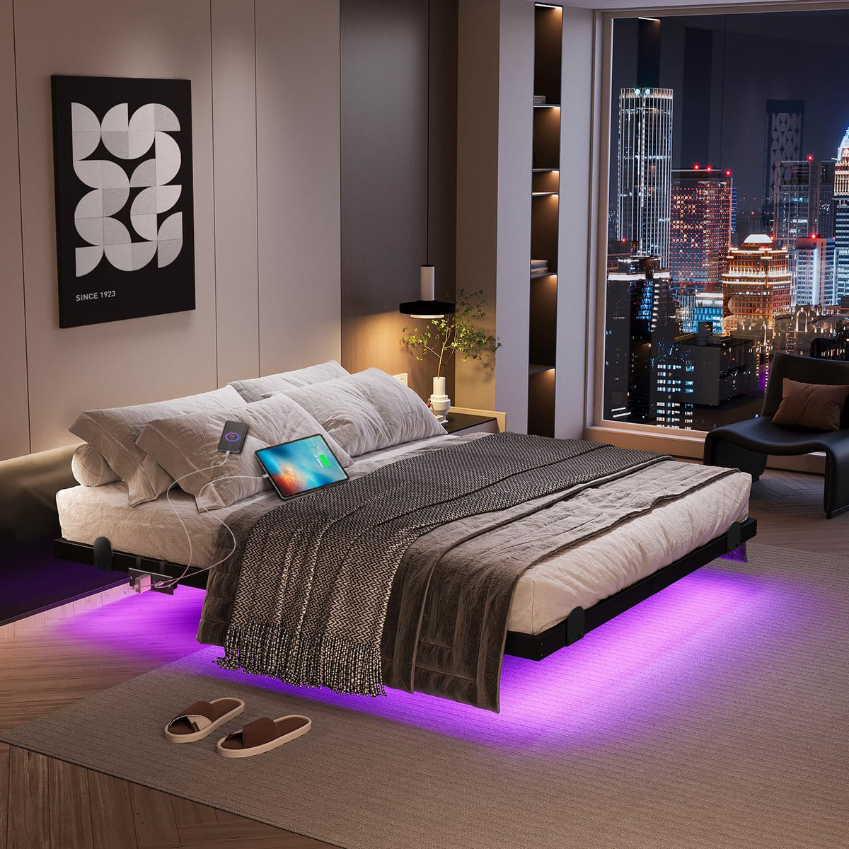 Queen Floating Bed Frame with LED Lights and Charging Station B829