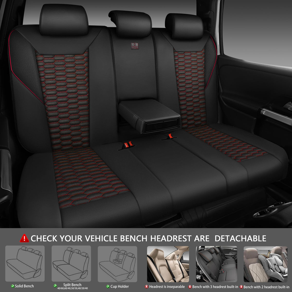 3D Foam Mesh Faux Leather Car Seat Covers Full Set, Black and Red E3690