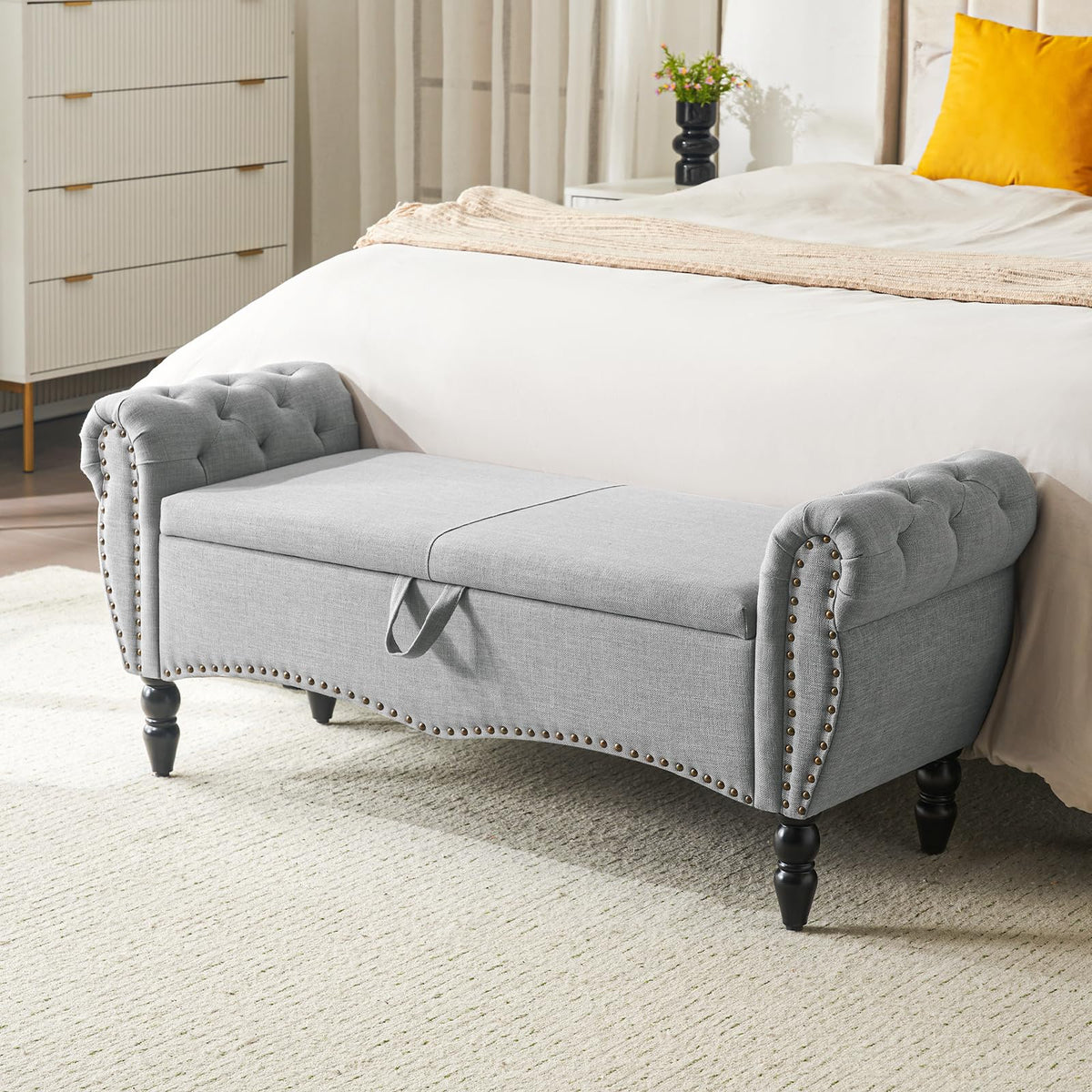 Grey Linen Upholstered Storage Bench with Wood Legs W32715