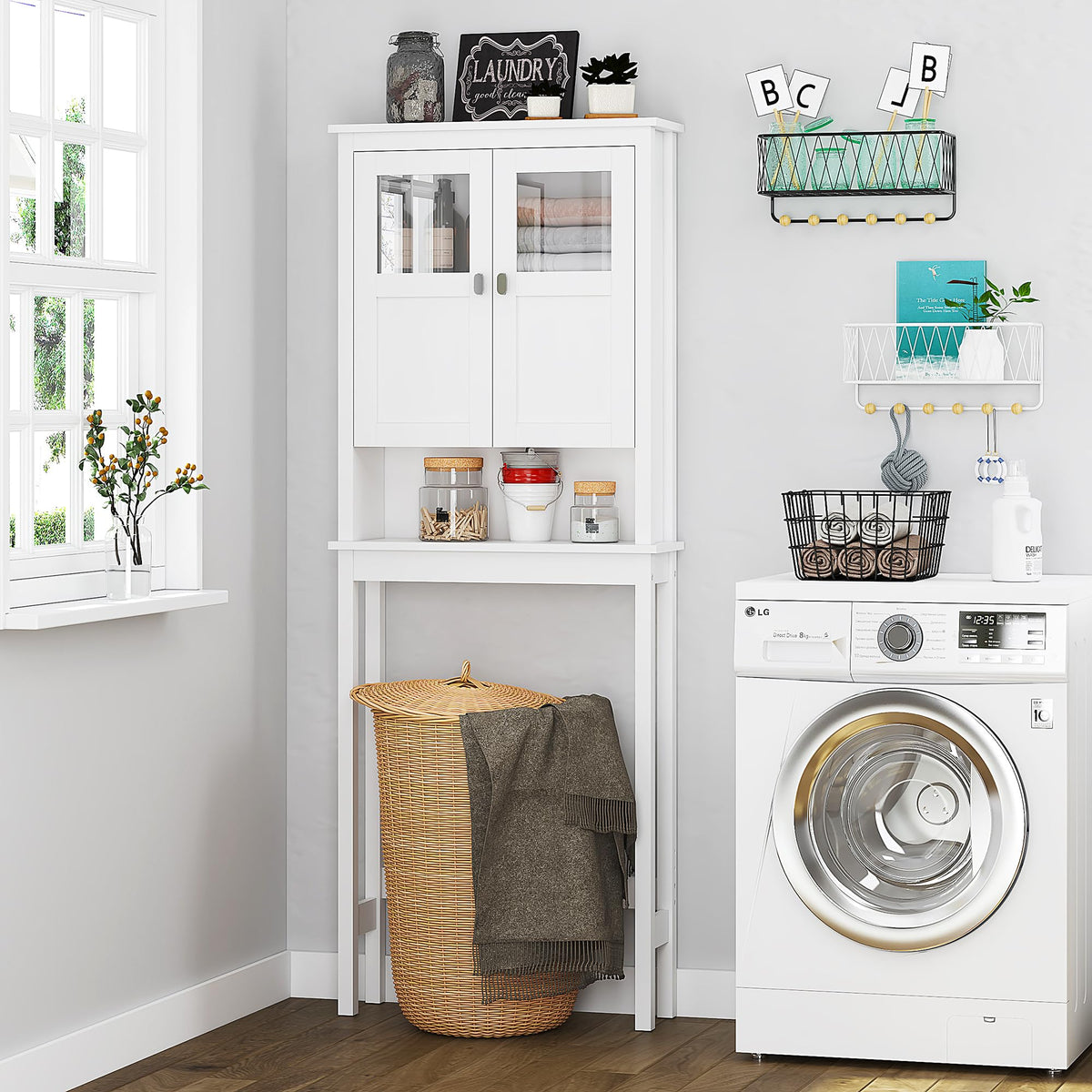 White Over the Toilet Storage Cabinet with Glass Doors W237924