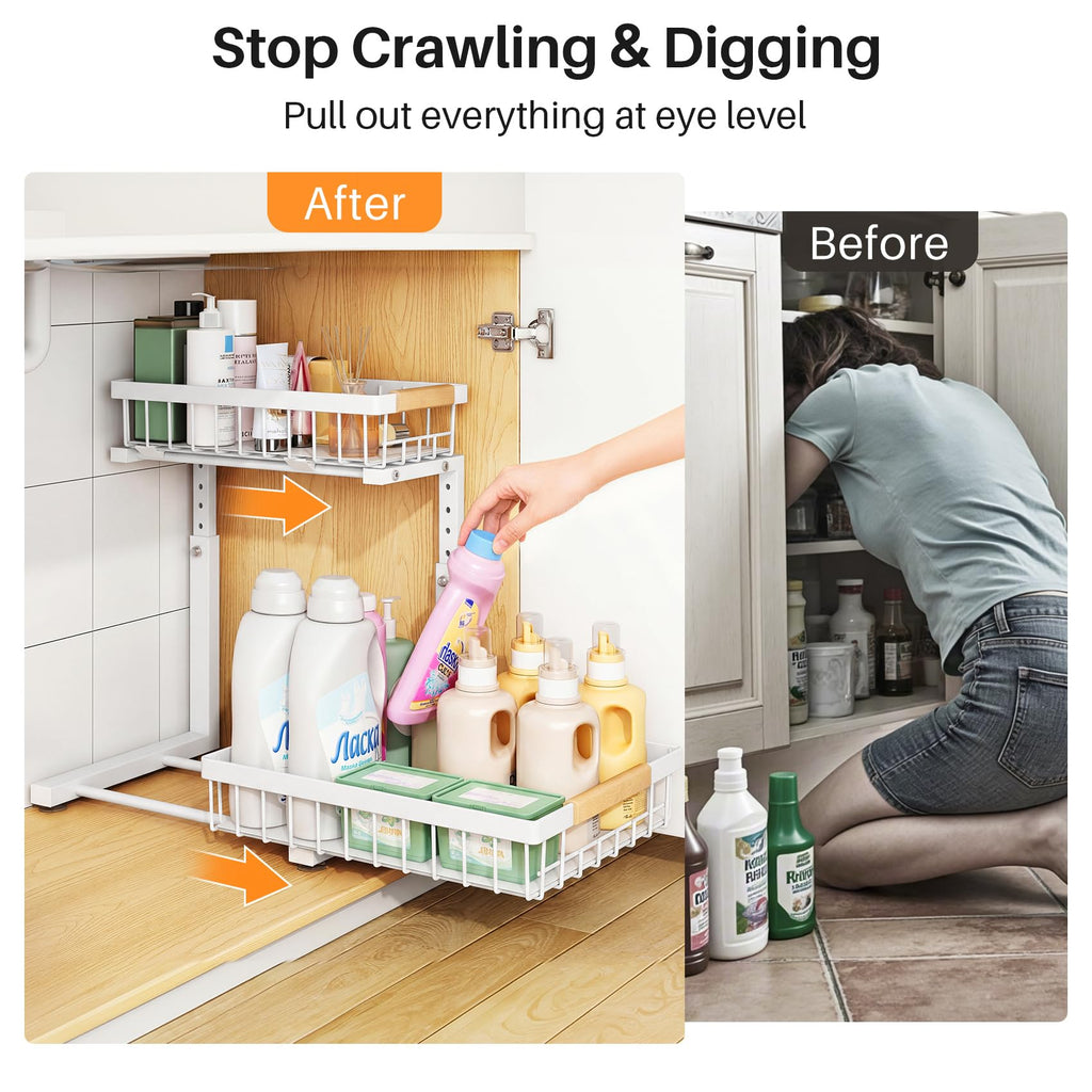 Adjustable 2 Tier Pull Out Under Sink Organizer, White, 2 Pack R355