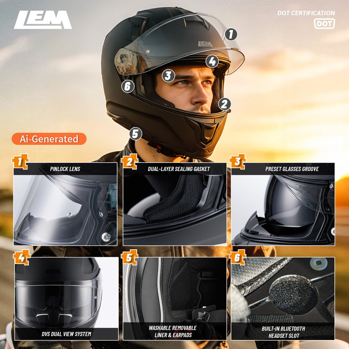 Full Face Motorcycle Helmet DOT Certified Matte Black Medium G382