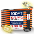 100ft 12/3 Gauge Heavy Duty Extension Cord, Waterproof, 15A 125V, Orange and Black I8557