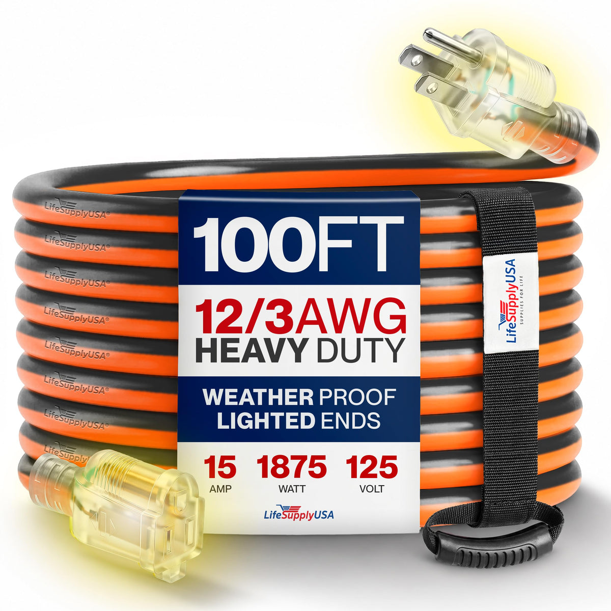 100ft 12/3 Gauge Heavy Duty Extension Cord, Waterproof, 15A 125V, Orange and Black I8557