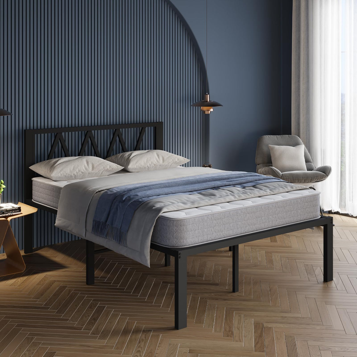 18 Inch Full Size Metal Platform Bed Frame with Headboard S457