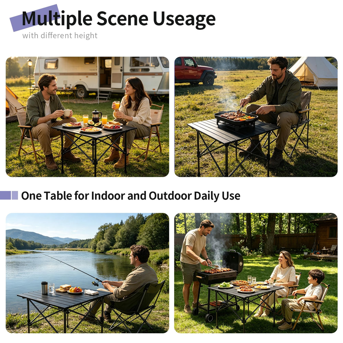 Square Folding Adjustable Height Camping Table, Black O21169