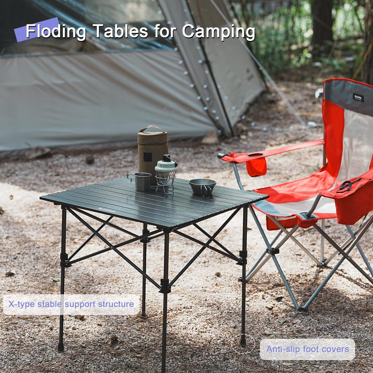 Square Folding Adjustable Height Camping Table, Black O21169