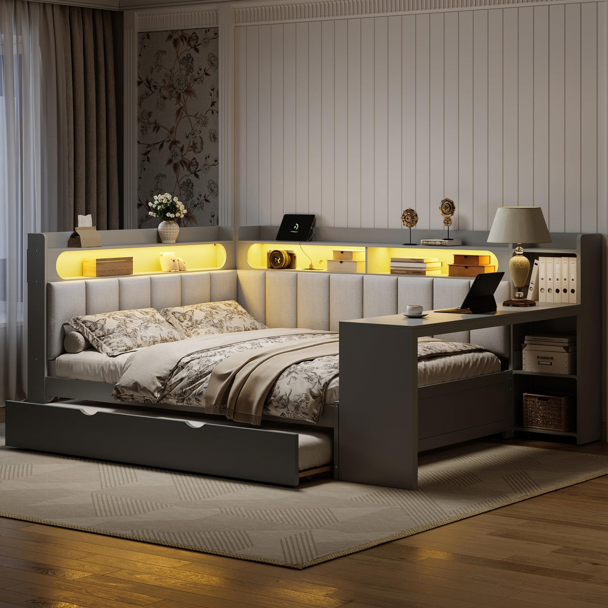 Grey Full Size L-Shaped Corner Bed with Trundle and Desk H2619