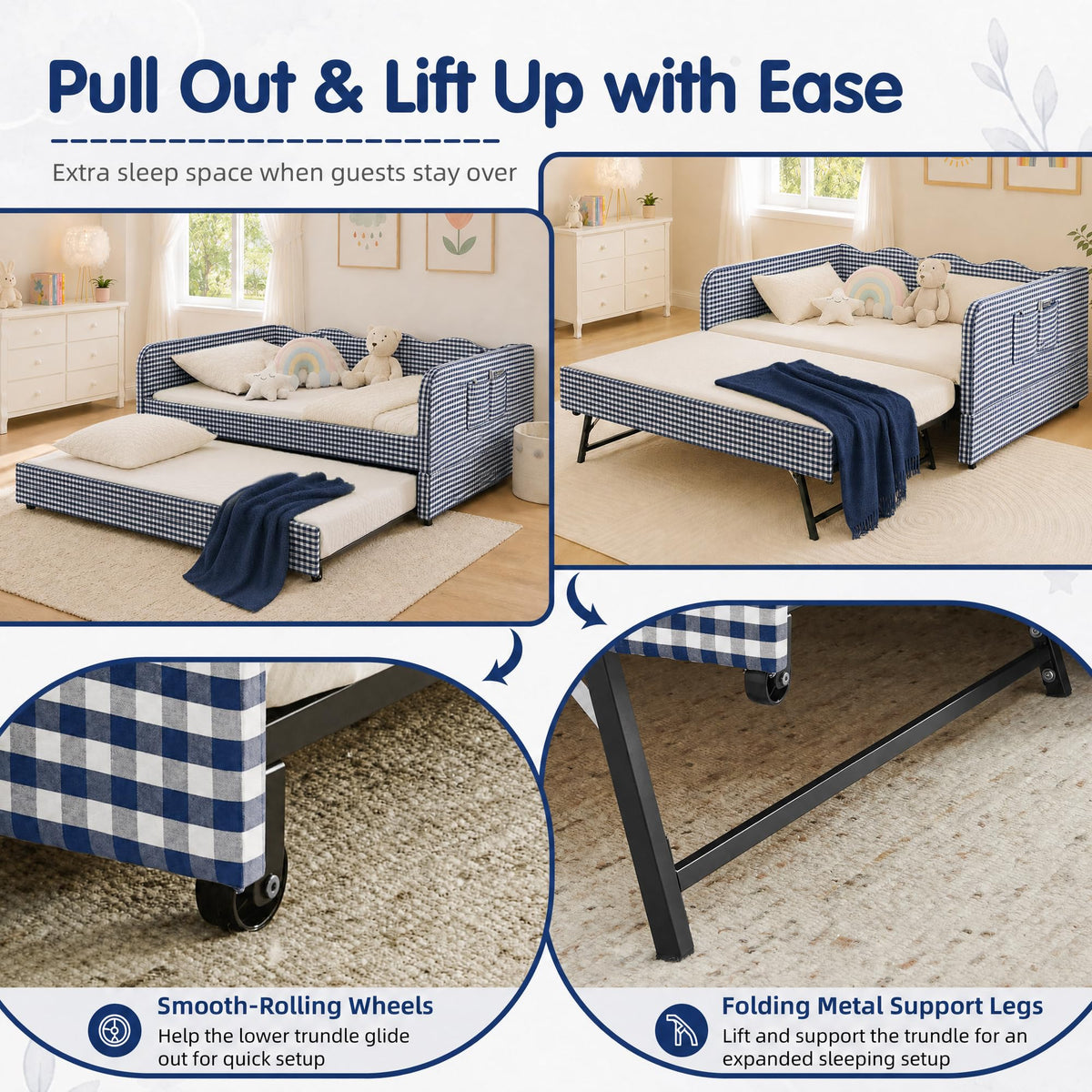 Blue Gingham Twin Daybed with Pop Up Trundle J71518