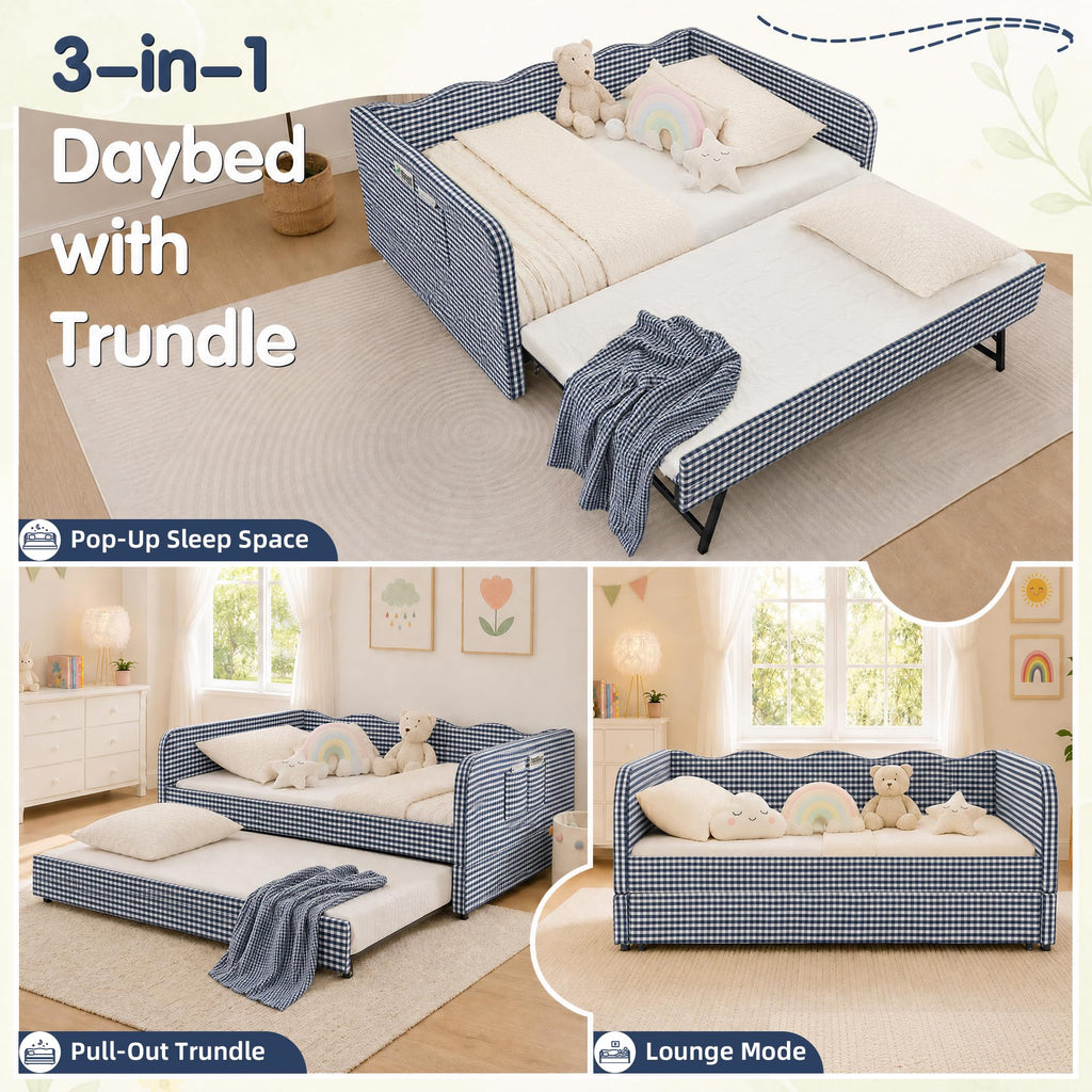 Blue Gingham Twin Daybed with Pop Up Trundle J71518