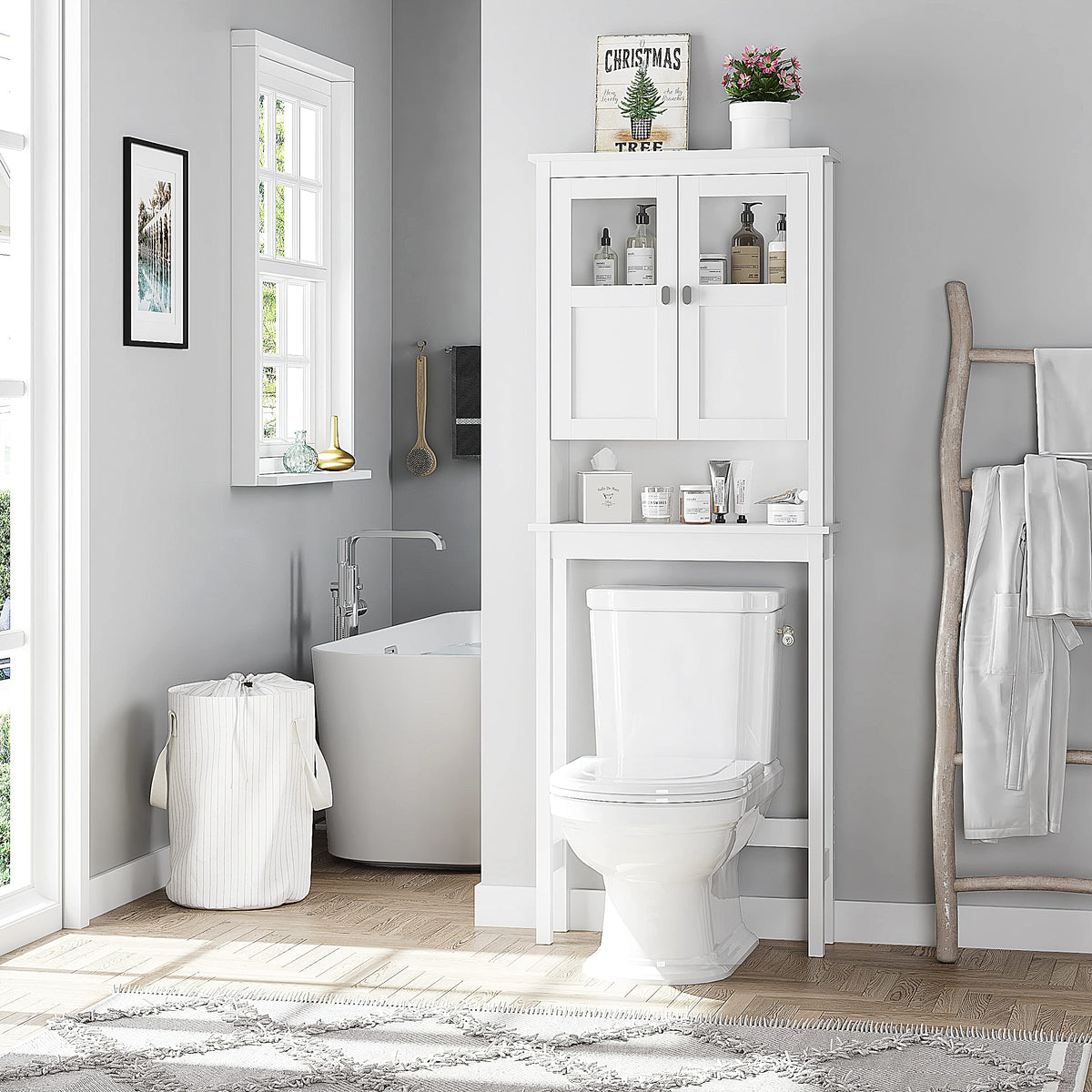 White Over the Toilet Storage Cabinet with Glass Doors W237924