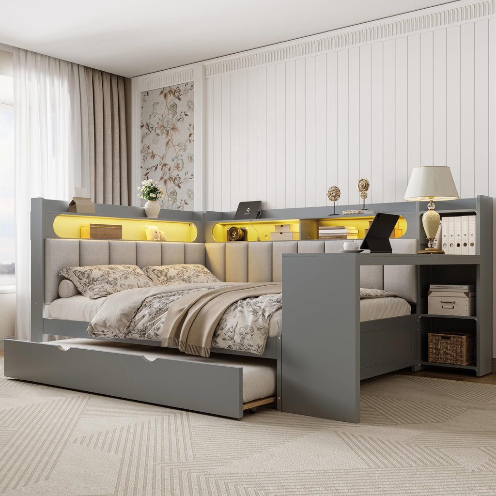Grey Full Size L-Shaped Corner Bed with Trundle and Desk H2619