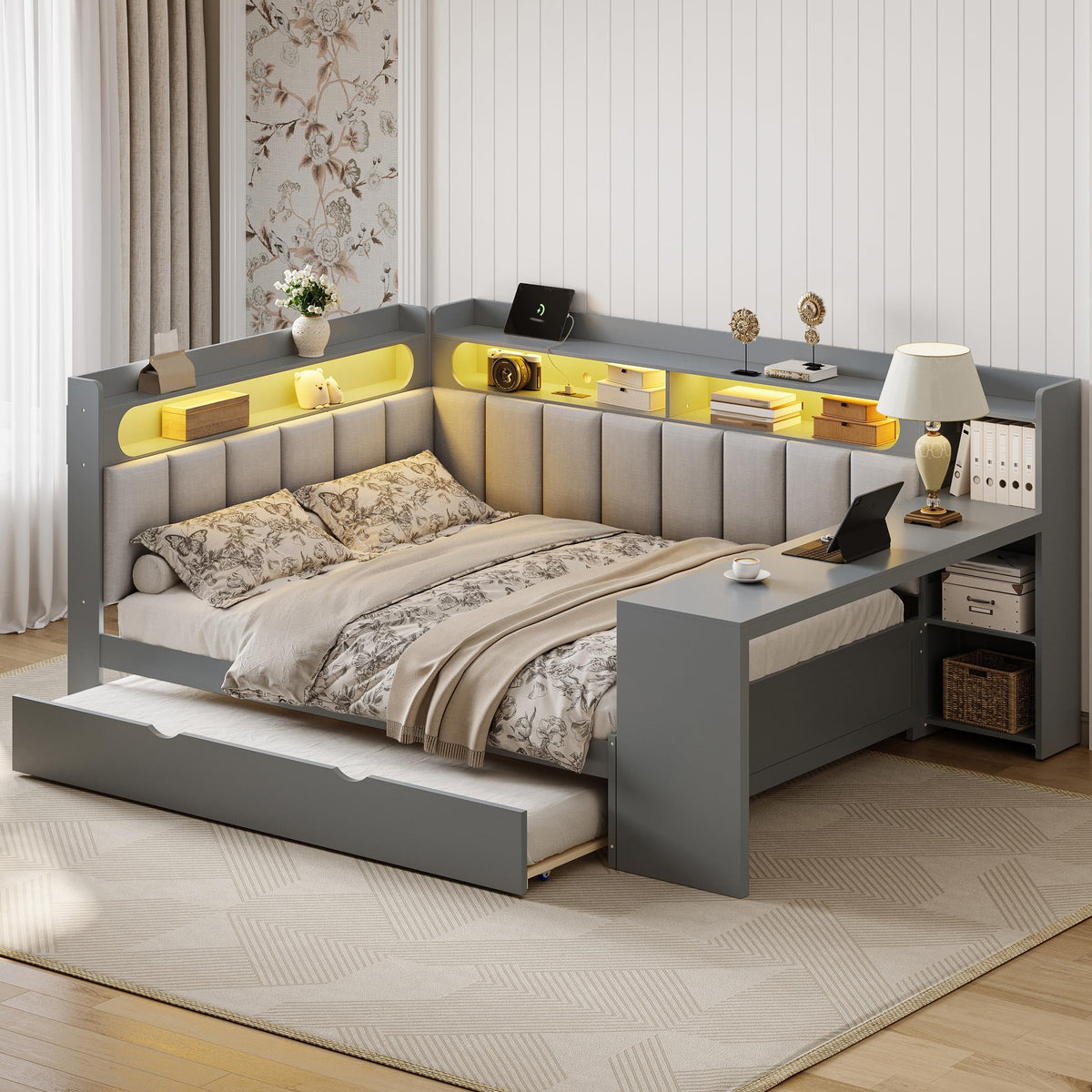 Grey Full Size L-Shaped Corner Bed with Trundle and Desk H2619
